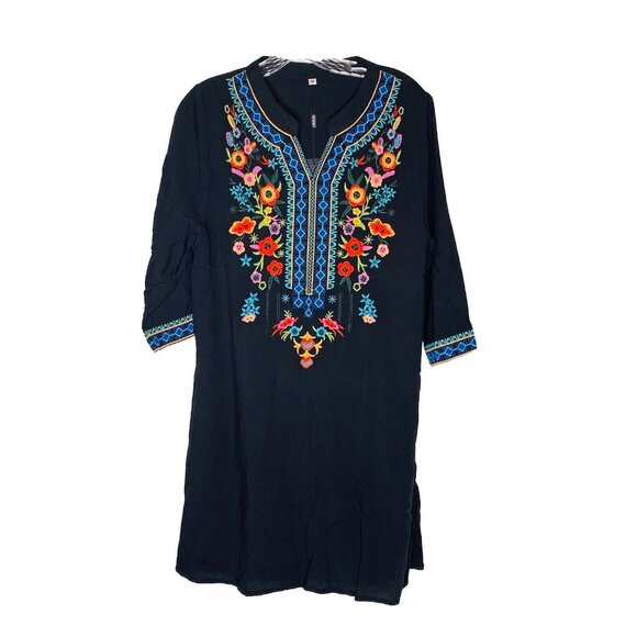 Vakakado Dresses & Skirts - Vakakado Black Embroidered Dress M 3/4 Sleeve Boho Floral Mini New